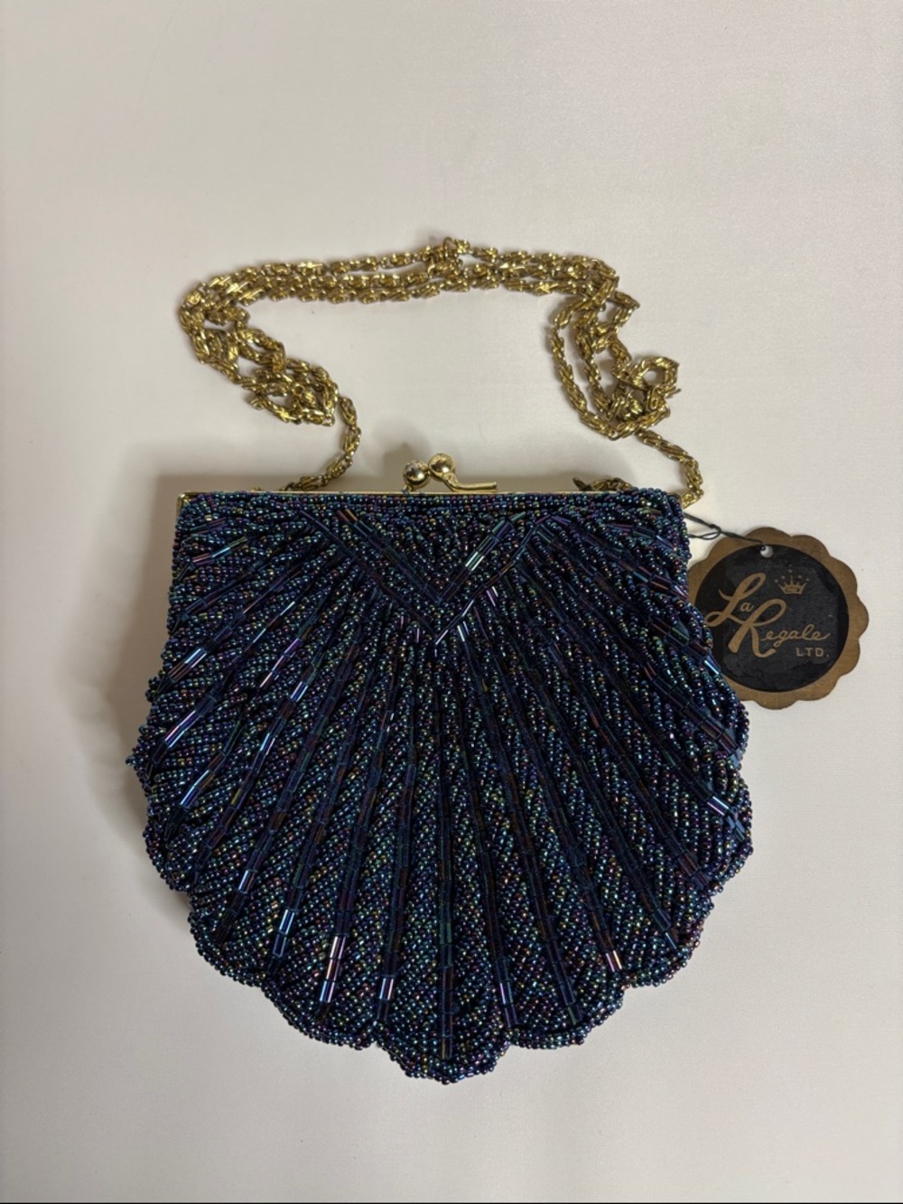 Vintage La Regale Royal Blue w Multicolor Facet Beaded Shell Evening Bag